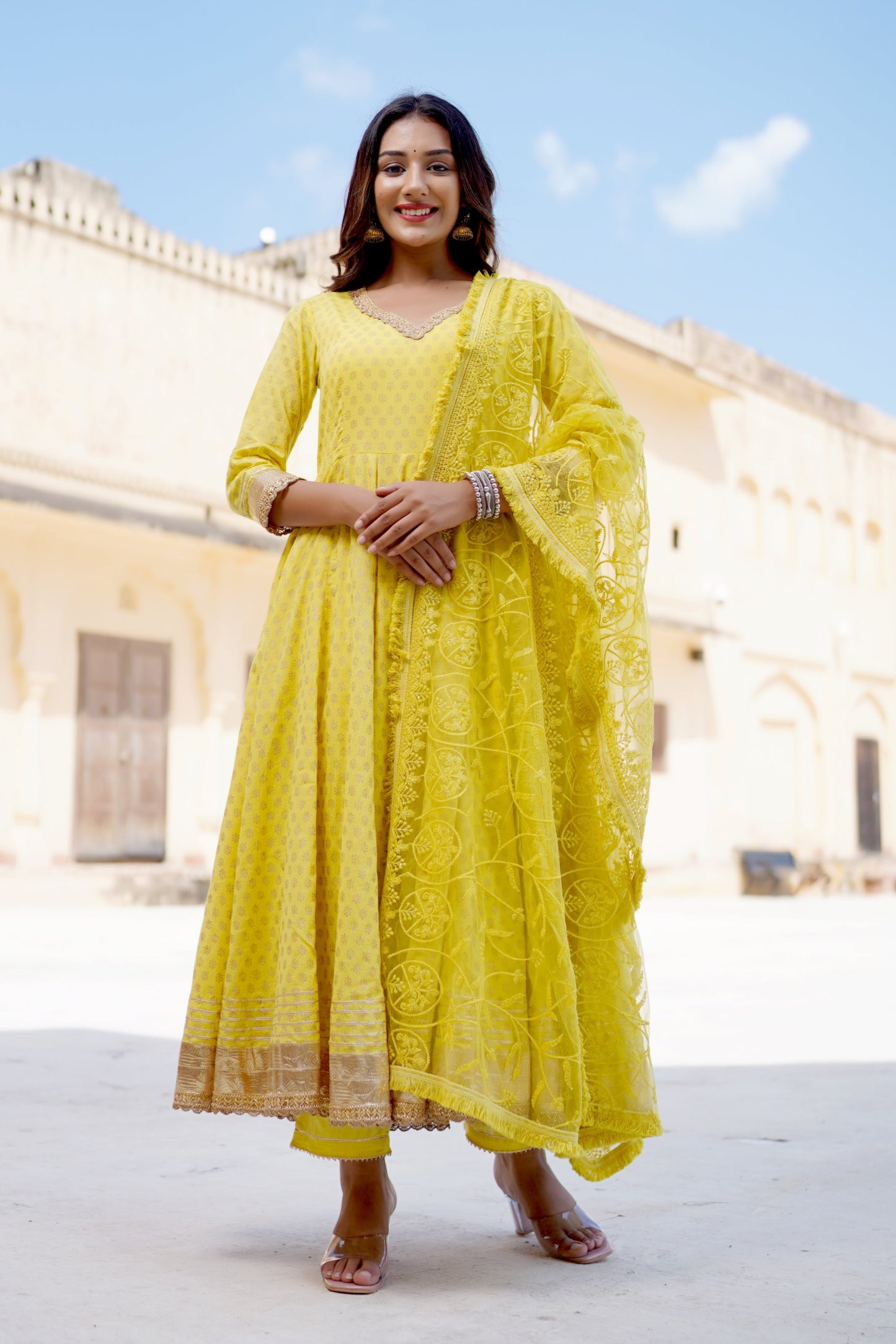 Women's Golden Yellow Flared Anarkali Suit Set