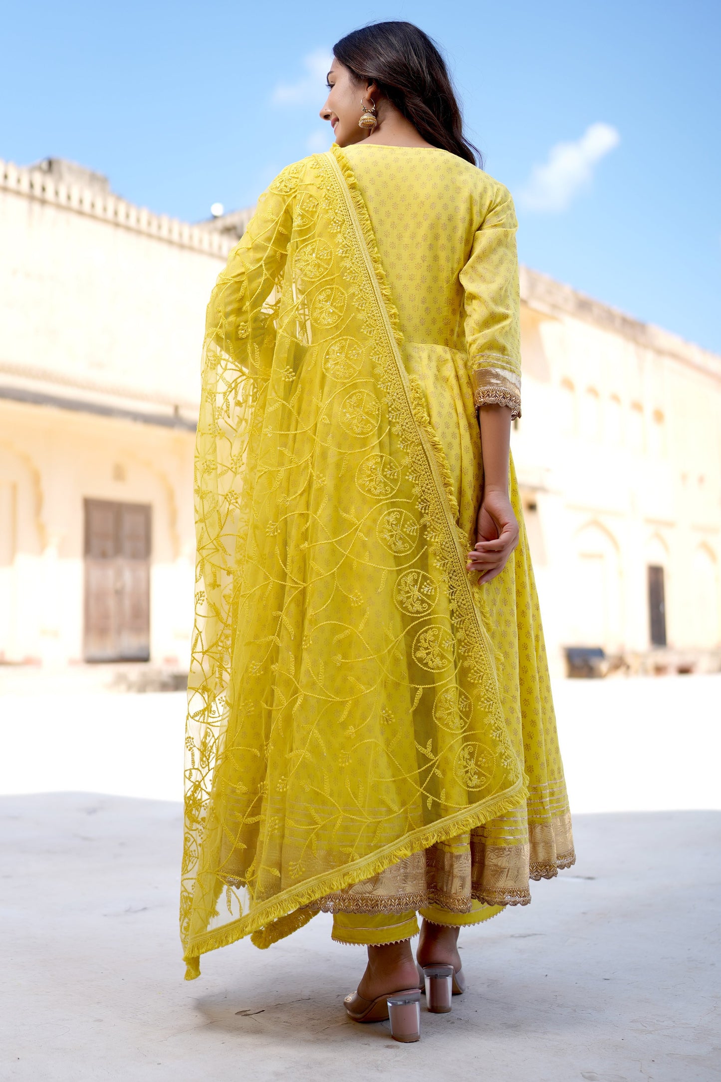 Women's Golden Yellow Flared Anarkali Suit Set