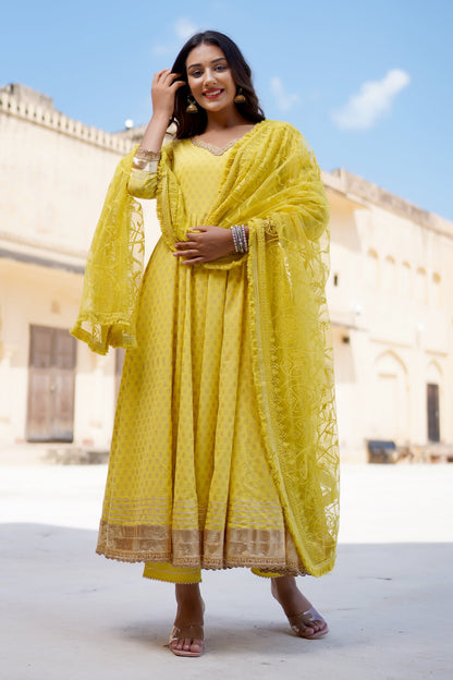 Women's Golden Yellow Flared Anarkali Suit Set