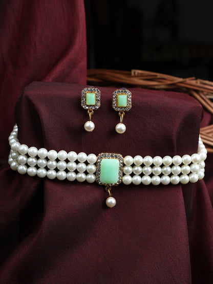 Women's Mint green CZ Pearl Full Length Choker Jewellery Set