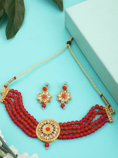 Women's Red Glass Pearl Kundan Choker Jewellery set