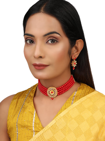 Women's Red Glass Pearl Kundan Choker Jewellery set