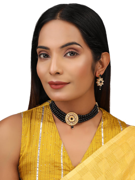 Women's Black Glass Pearl Kundan Choker Jewellery set