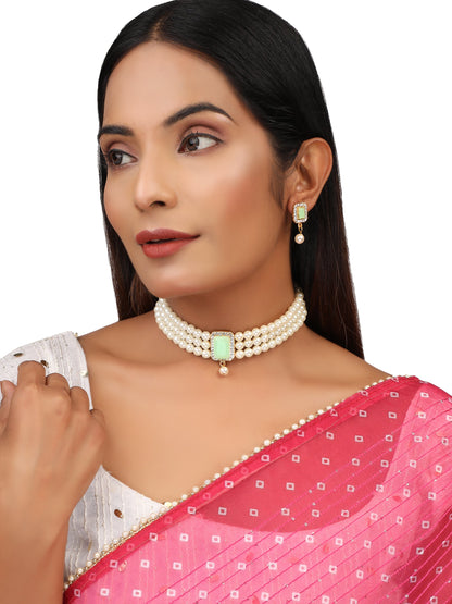 Women's Mint green CZ Pearl Full Length Choker Jewellery Set