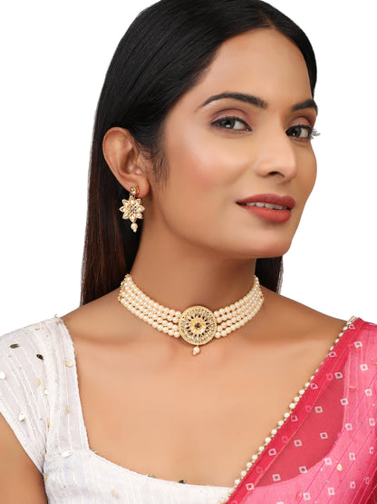 Women's Golden Glass Pearl Kundan Choker Jewellery set