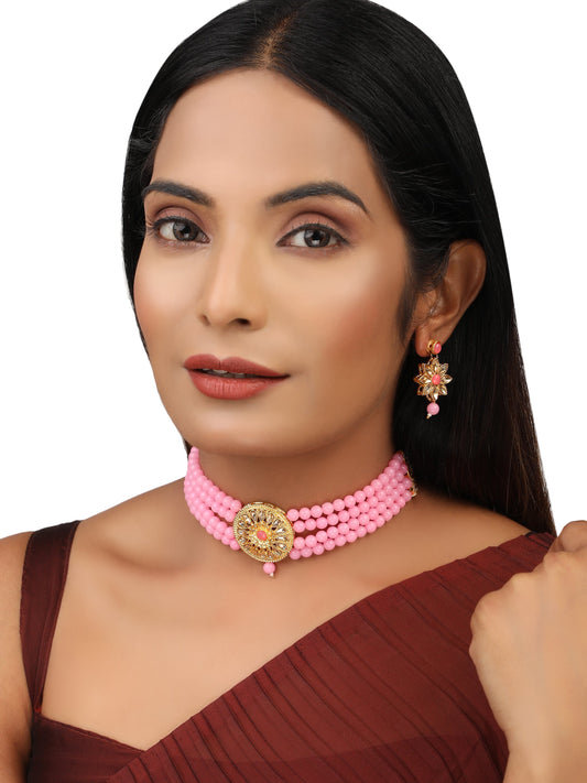 Women's Pink Glass Pearl Kundan Choker Jewellery set