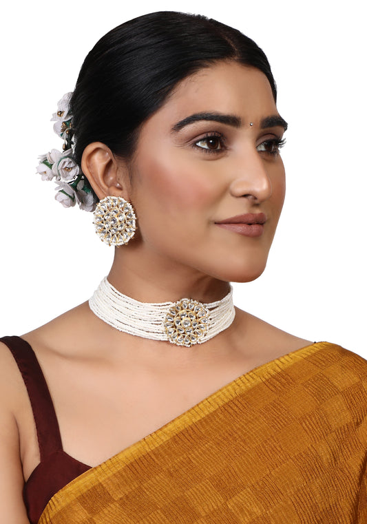 Women's Pearl Bandhai Kundan Choker Jewellery set