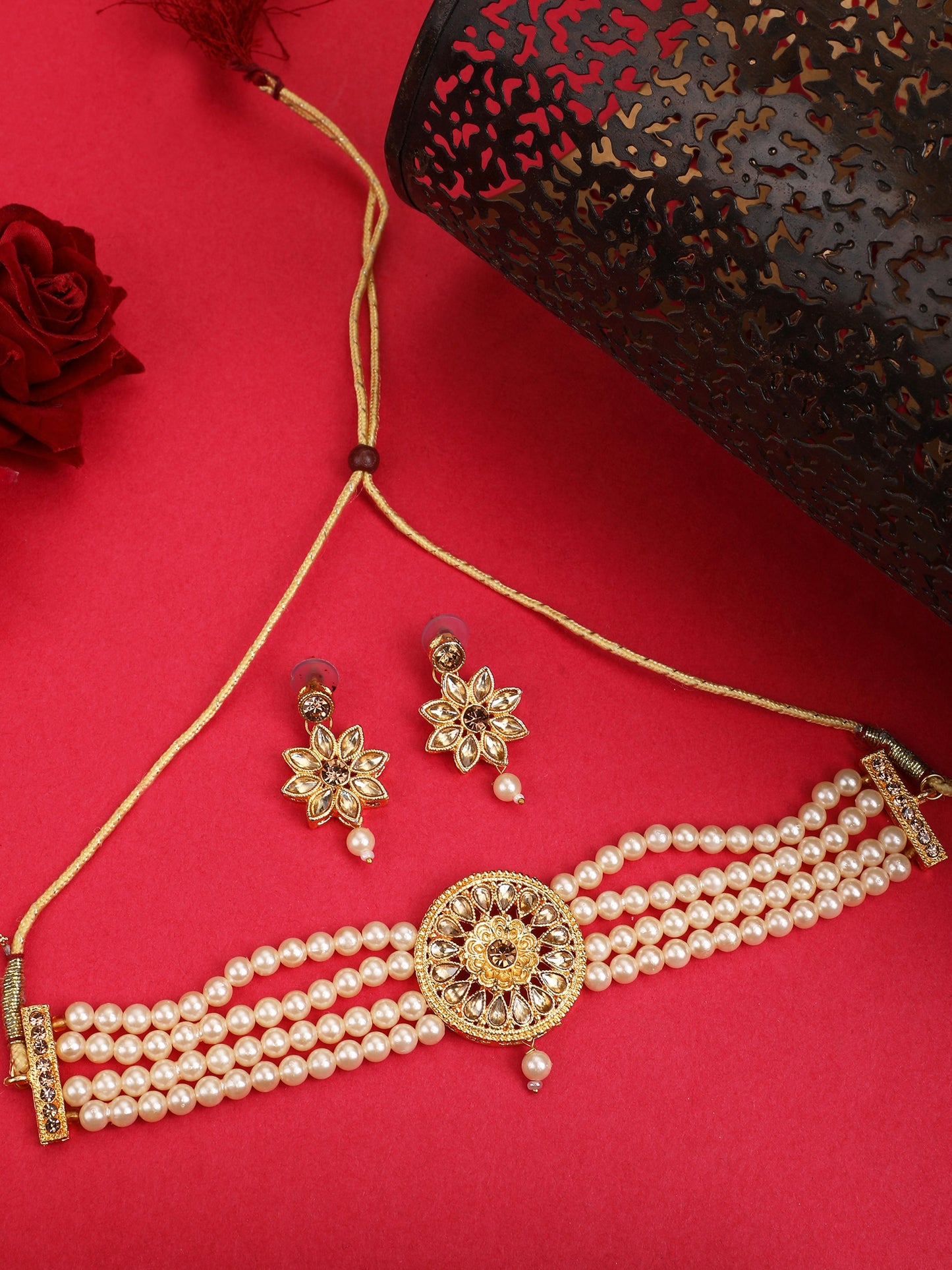 Women's Golden Glass Pearl Kundan Choker Jewellery set