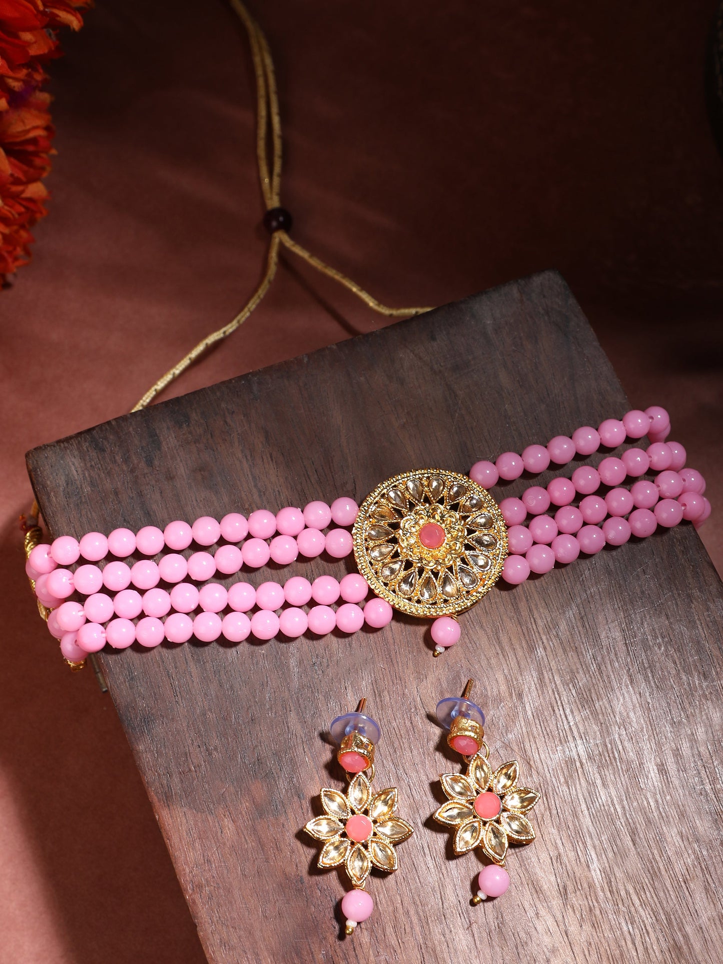 Women's Pink Glass Pearl Kundan Choker Jewellery set