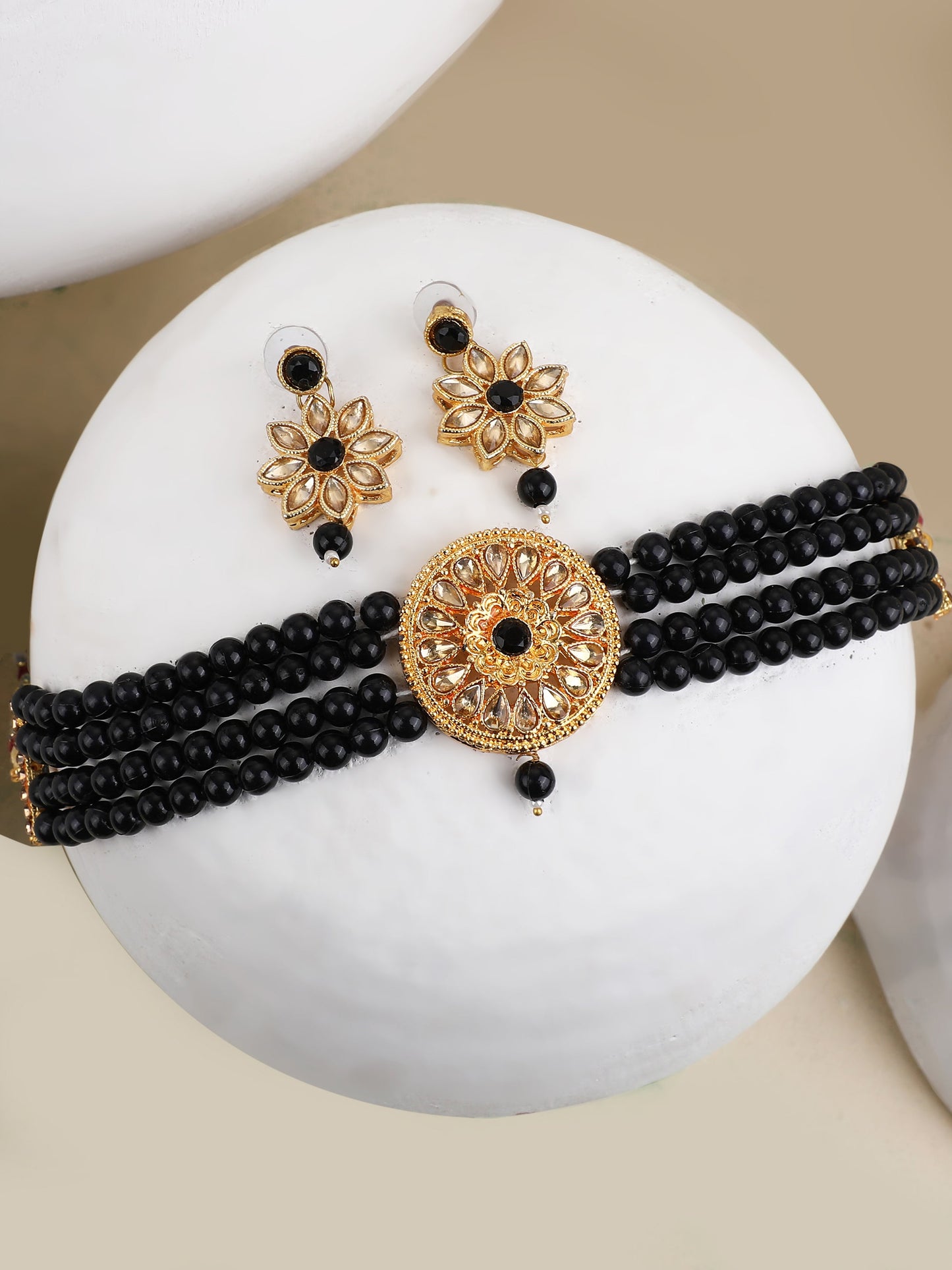 Women's Black Glass Pearl Kundan Choker Jewellery set