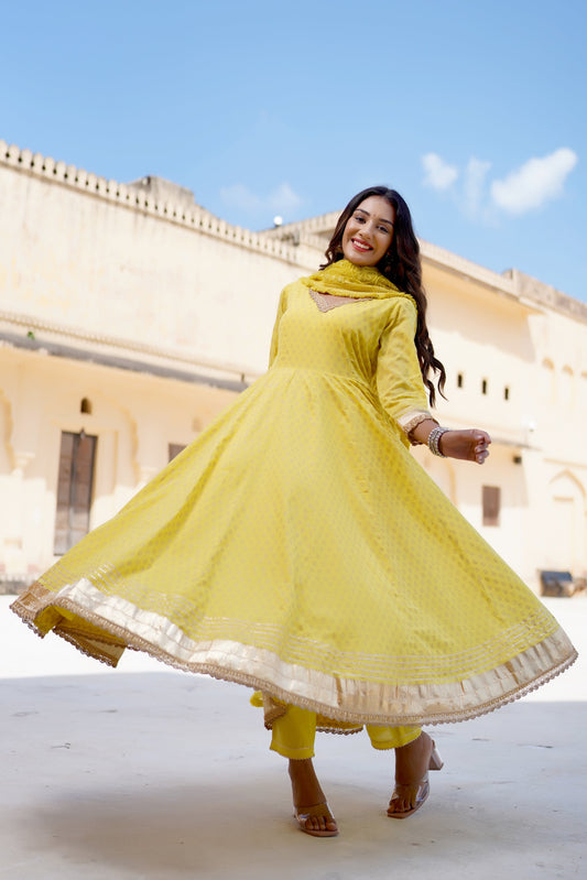 Women's Golden Yellow Flared Anarkali Suit Set