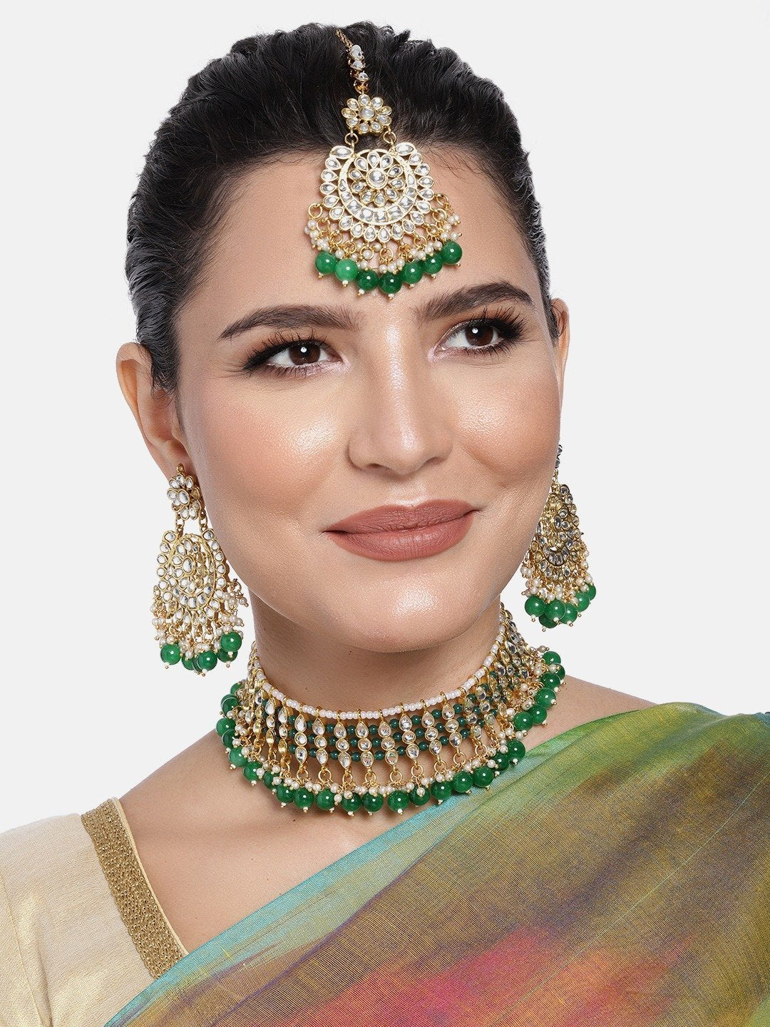 Women's Gold Plated Green Kundan & Pearl Studded Choker Necklace Set