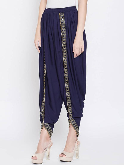 Women's Navy Viscose Rayon Dhoti With Golden Lace