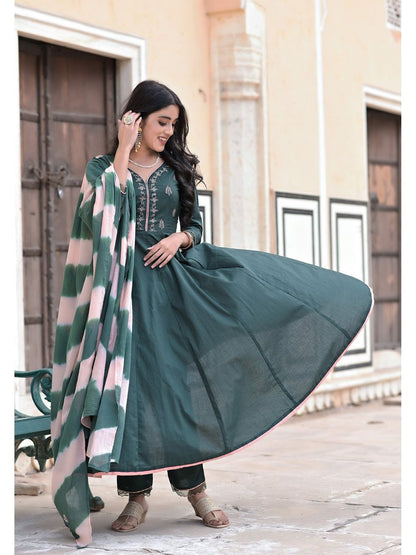 Women's Metisse Green Embroidery Kalidar Anarkali Set