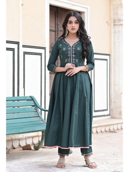 Women's Metisse Green Embroidery Kalidar Anarkali Set