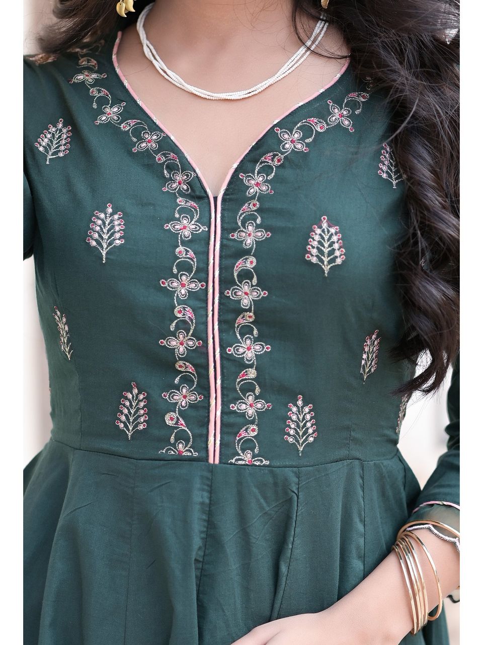 Women's Metisse Green Embroidery Kalidar Anarkali Set