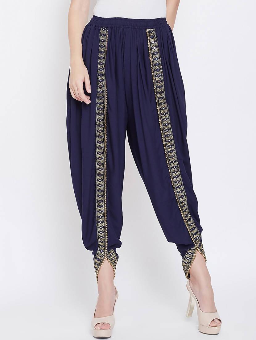 Women's Navy Viscose Rayon Dhoti With Golden Lace