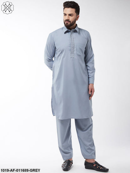 Men's Cotton Blend Grey Pathani Kurta With Salwar Set