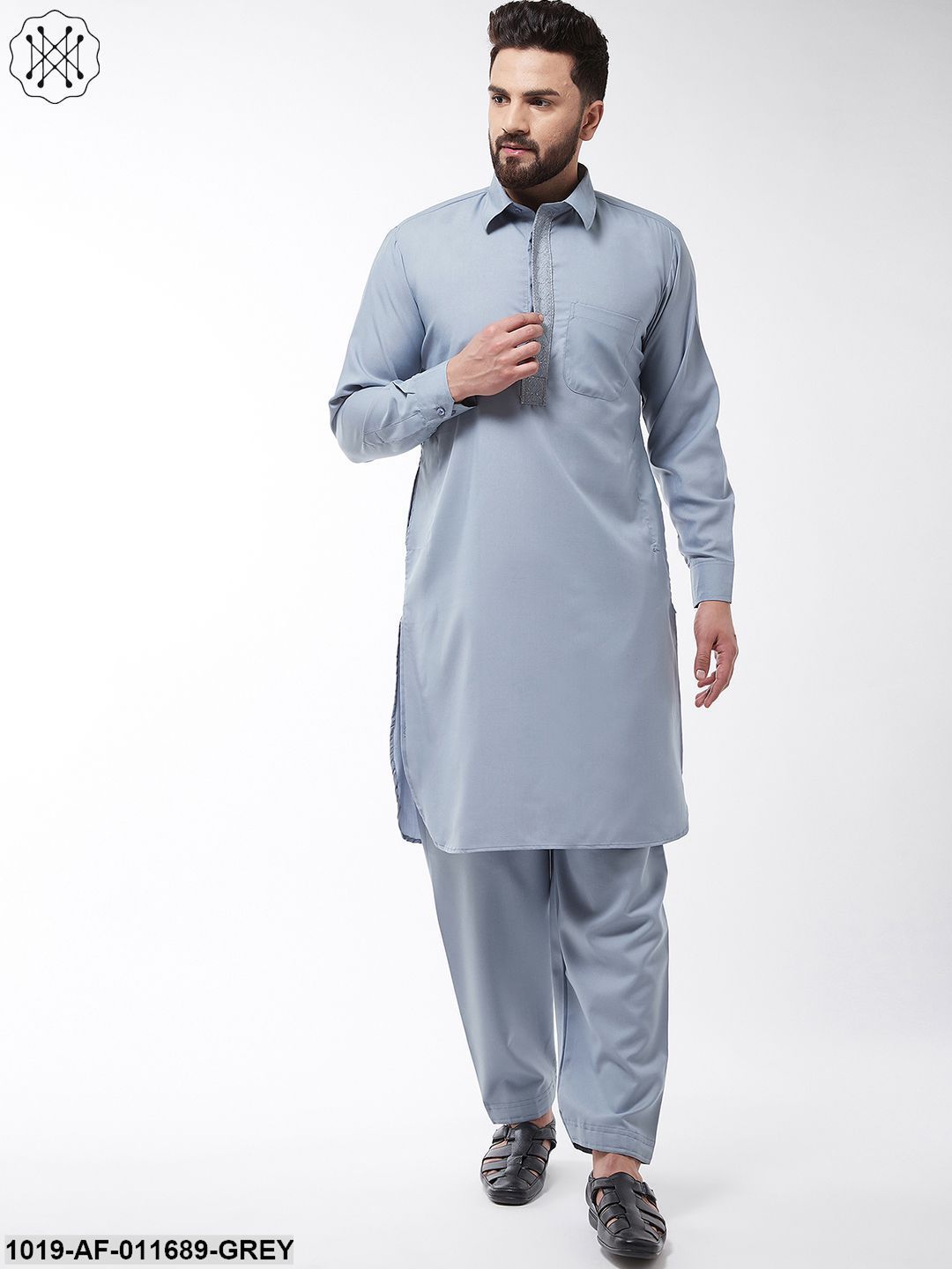 Men's Cotton Blend Grey Pathani Kurta With Salwar Set