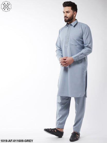 Men's Cotton Blend Grey Pathani Kurta With Salwar Set