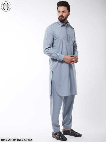 Men's Cotton Blend Grey Pathani Kurta With Salwar Set