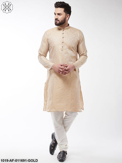 Men's Silk Blend Gold Kurta & Off White Churidar Pyjama Set