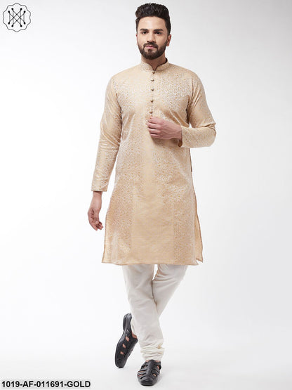 Men's Silk Blend Gold Kurta & Off White Churidar Pyjama Set