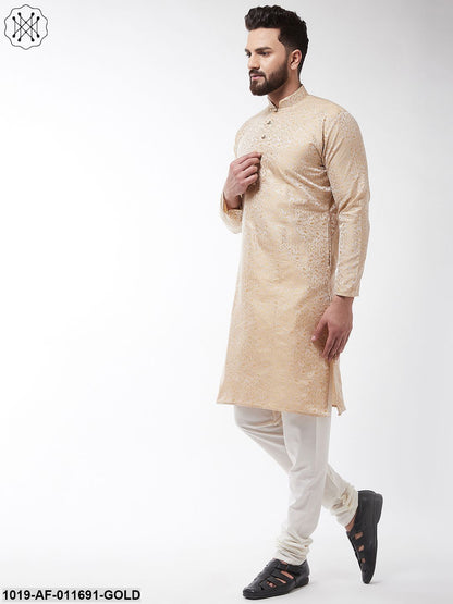 Men's Silk Blend Gold Kurta & Off White Churidar Pyjama Set