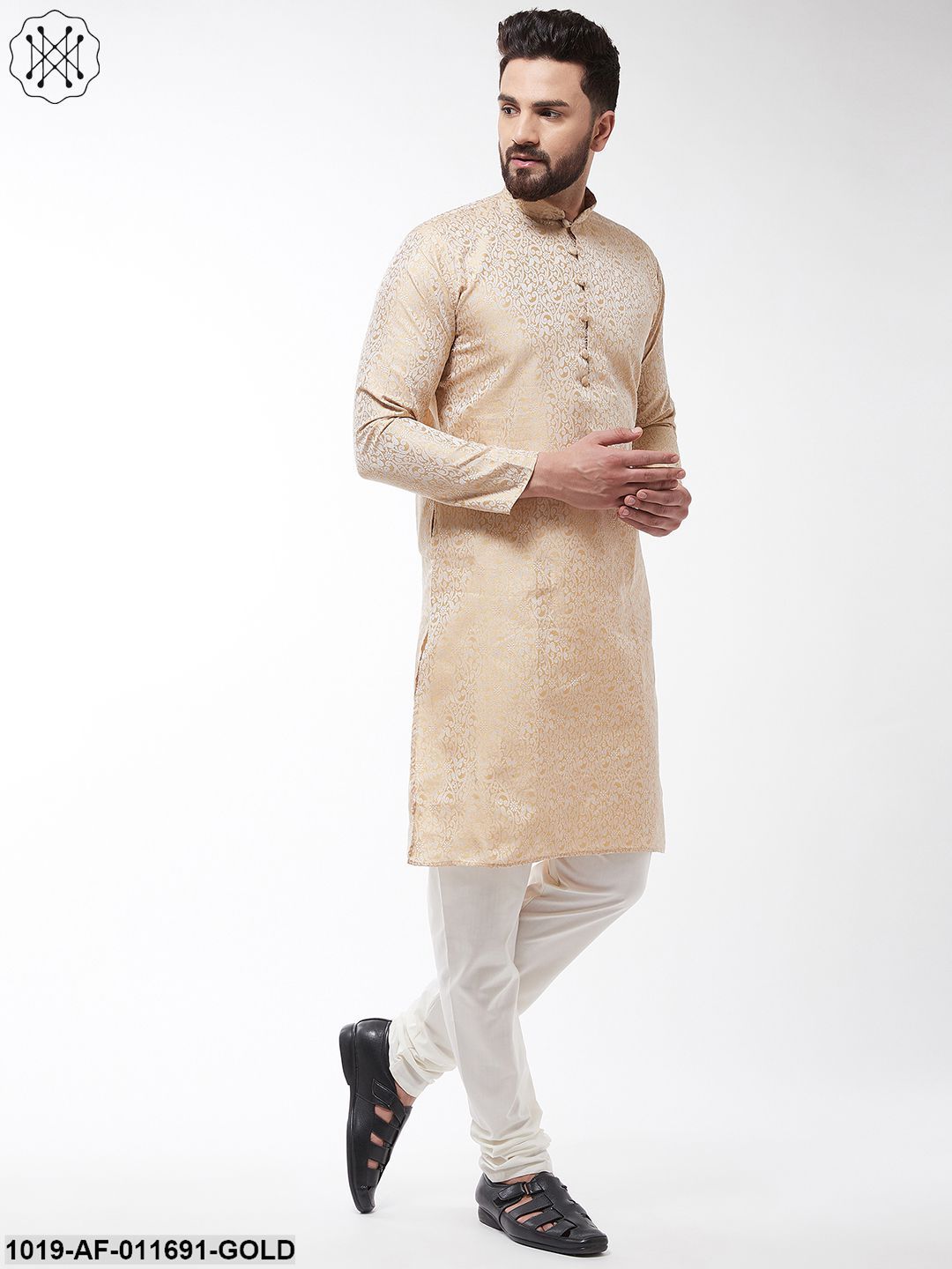 Men's Silk Blend Gold Kurta & Off White Churidar Pyjama Set