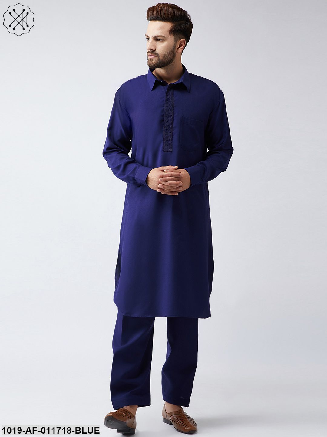 Men's Cotton Navy Blue Pathani Kurta Salwar Set