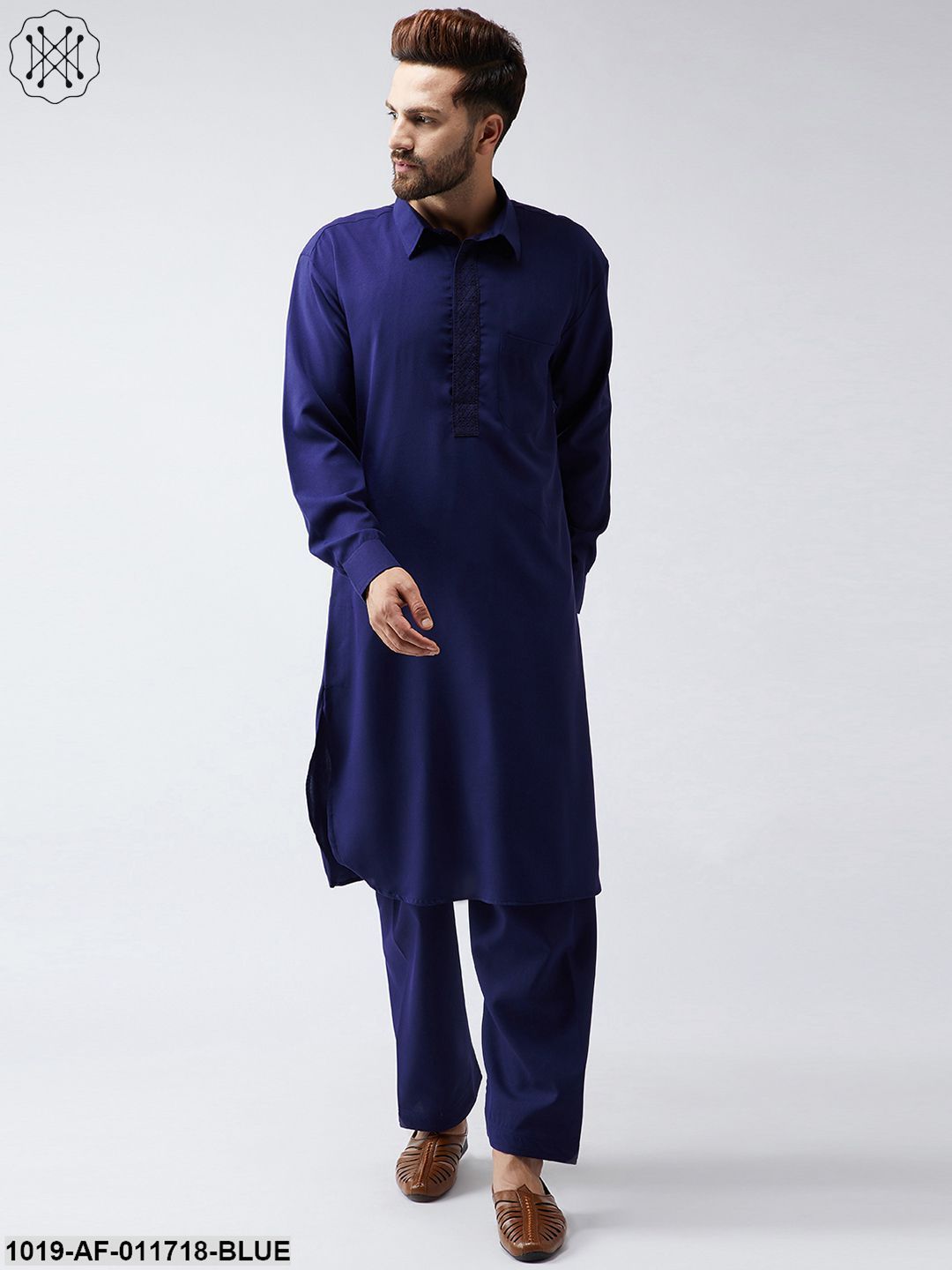 Men's Cotton Navy Blue Pathani Kurta Salwar Set