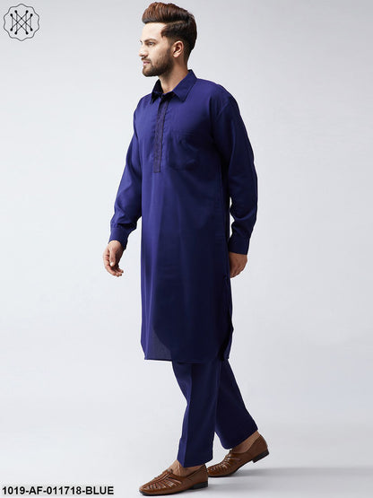 Men's Cotton Navy Blue Pathani Kurta Salwar Set