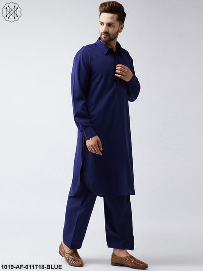 Men's Cotton Navy Blue Pathani Kurta Salwar Set