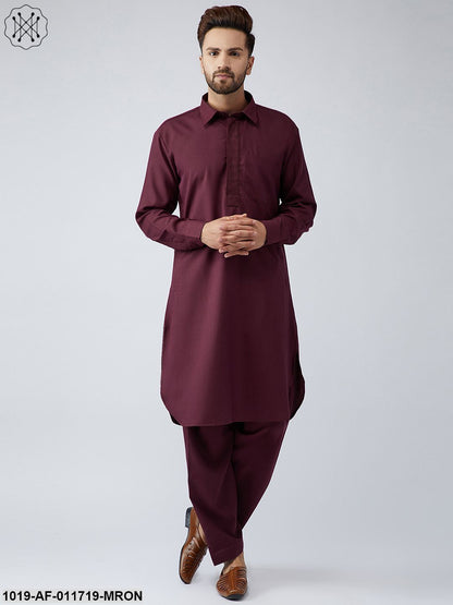 Men's Cotton Maroon Pathani Kurta Salwar Set