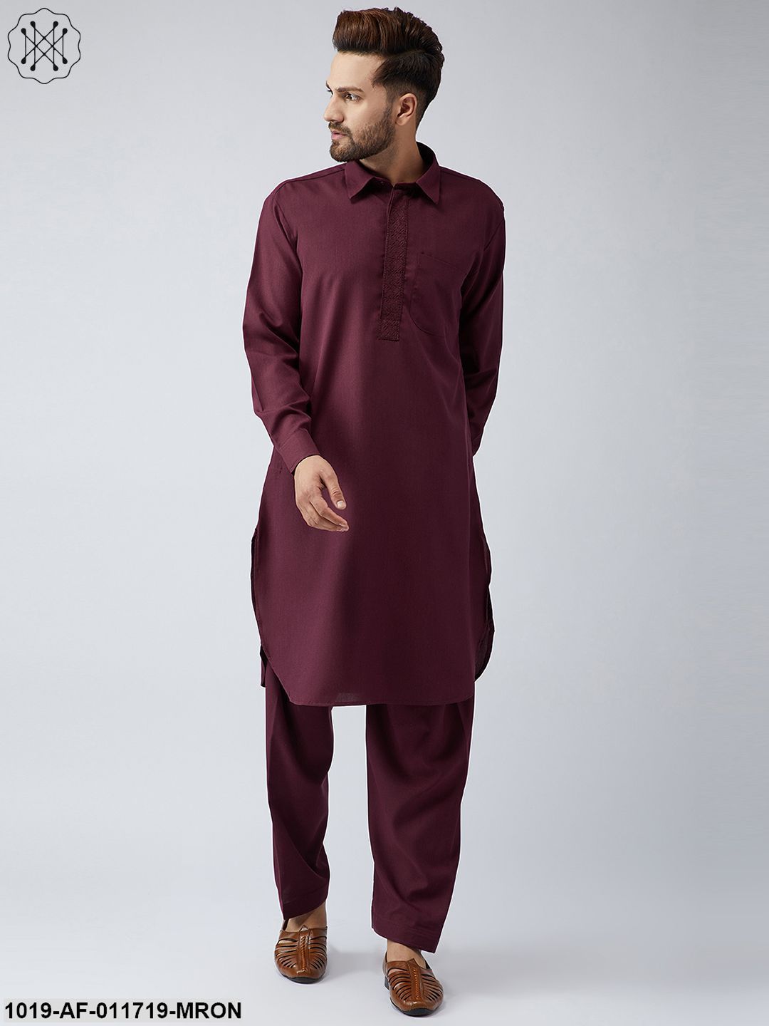 Men's Cotton Maroon Pathani Kurta Salwar Set