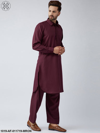 Men's Cotton Maroon Pathani Kurta Salwar Set