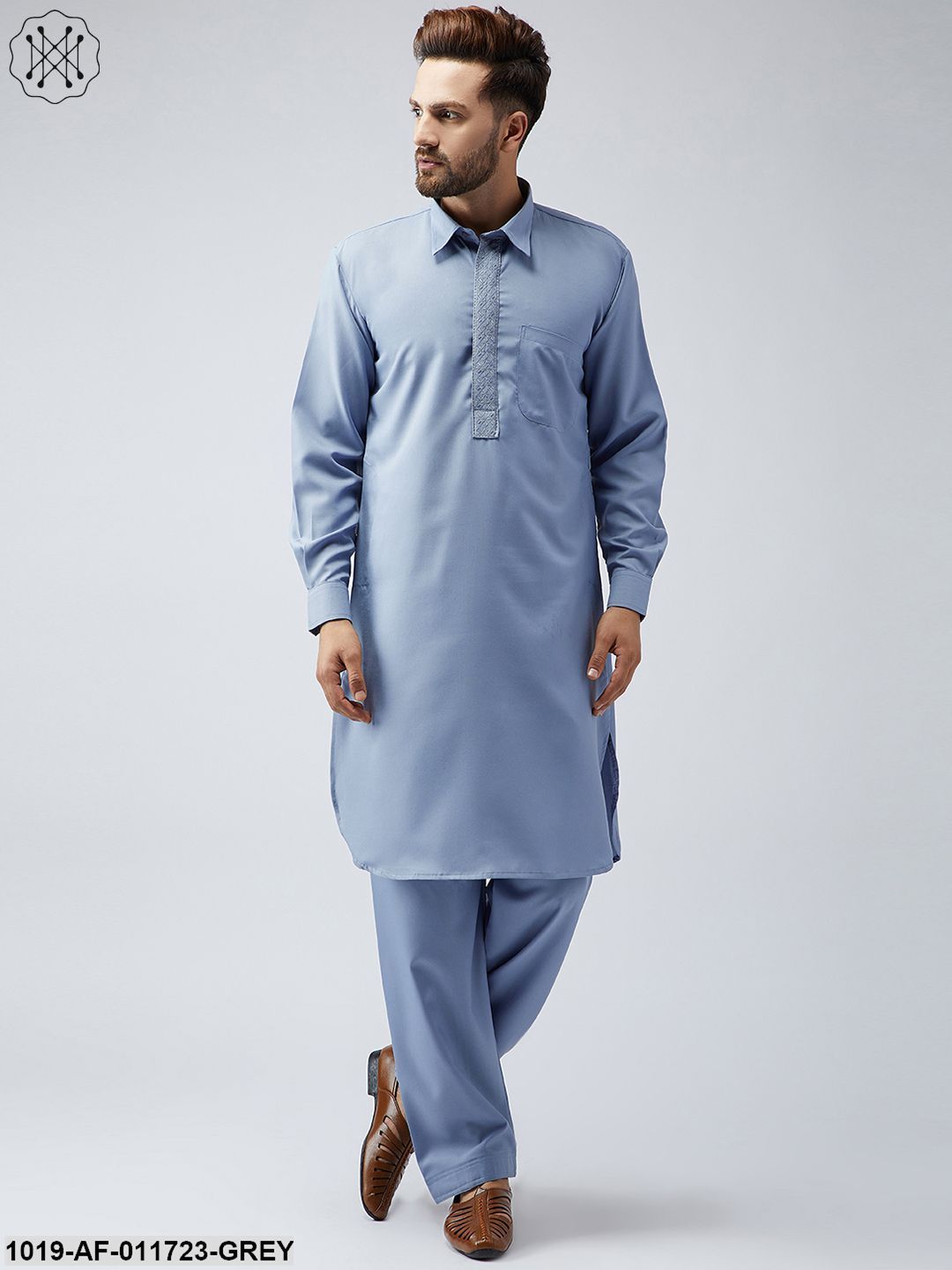 Men's Cotton Grey Pathani Kurta Salwar Set