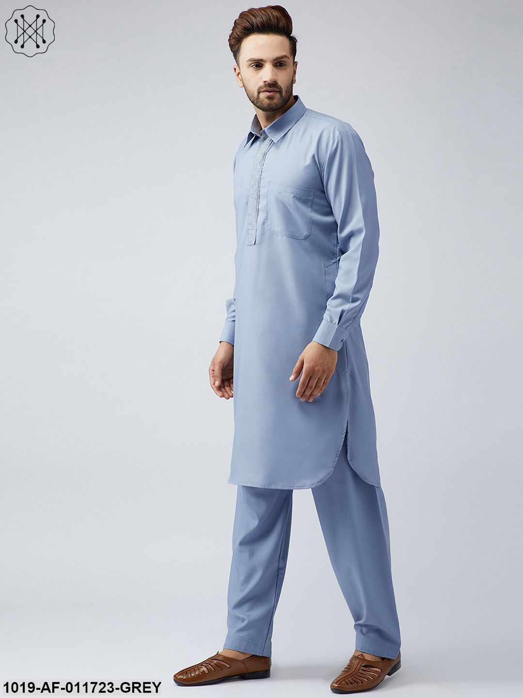 Men's Cotton Grey Pathani Kurta Salwar Set