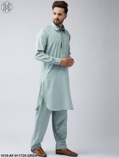 Men's Cotton Pista Kurta And Off White Churidar Salwar Set