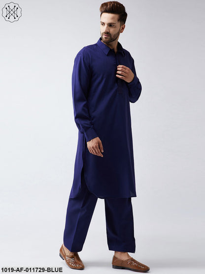 Men's Cotton Navy Blue Pathani Kurta Set