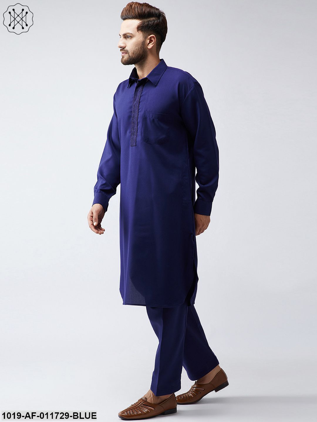 Men's Cotton Navy Blue Pathani Kurta Set