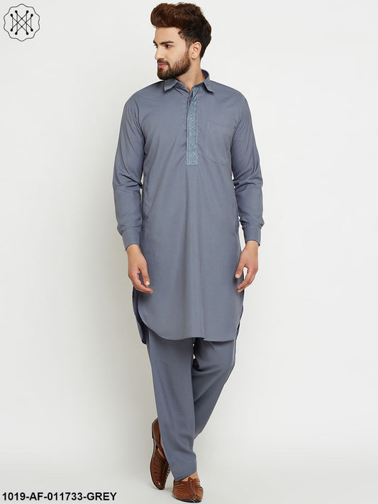 Men's Cotton Slate Grey Pathani Kurta Set