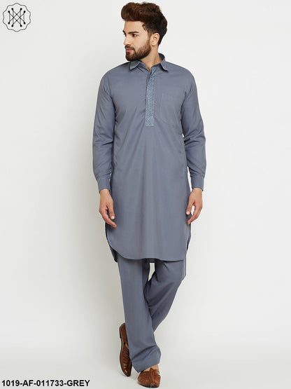 Men's Cotton Slate Grey Pathani Kurta Set