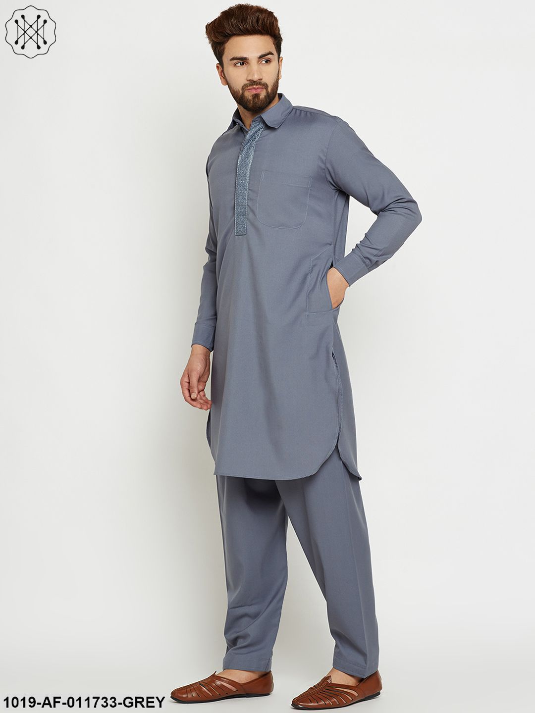 Men's Cotton Slate Grey Pathani Kurta Set