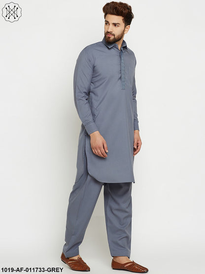 Men's Cotton Slate Grey Pathani Kurta Set