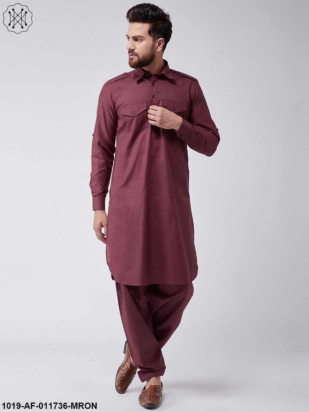 Men's Cotton Maroon Pathani Kurta Salwar Set