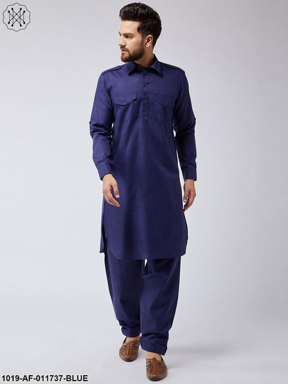 Men's Cotton Navy Blue Pathani Kurta Salwar Set