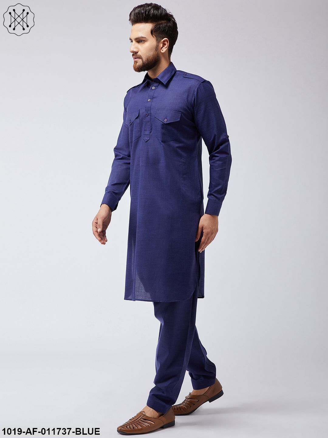 Men's Cotton Navy Blue Pathani Kurta Salwar Set