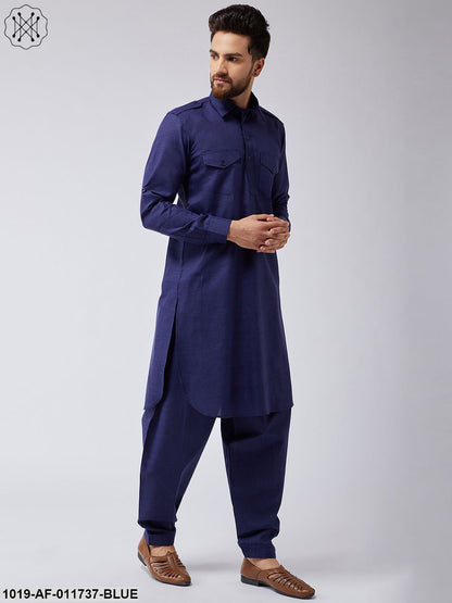 Men's Cotton Navy Blue Pathani Kurta Salwar Set