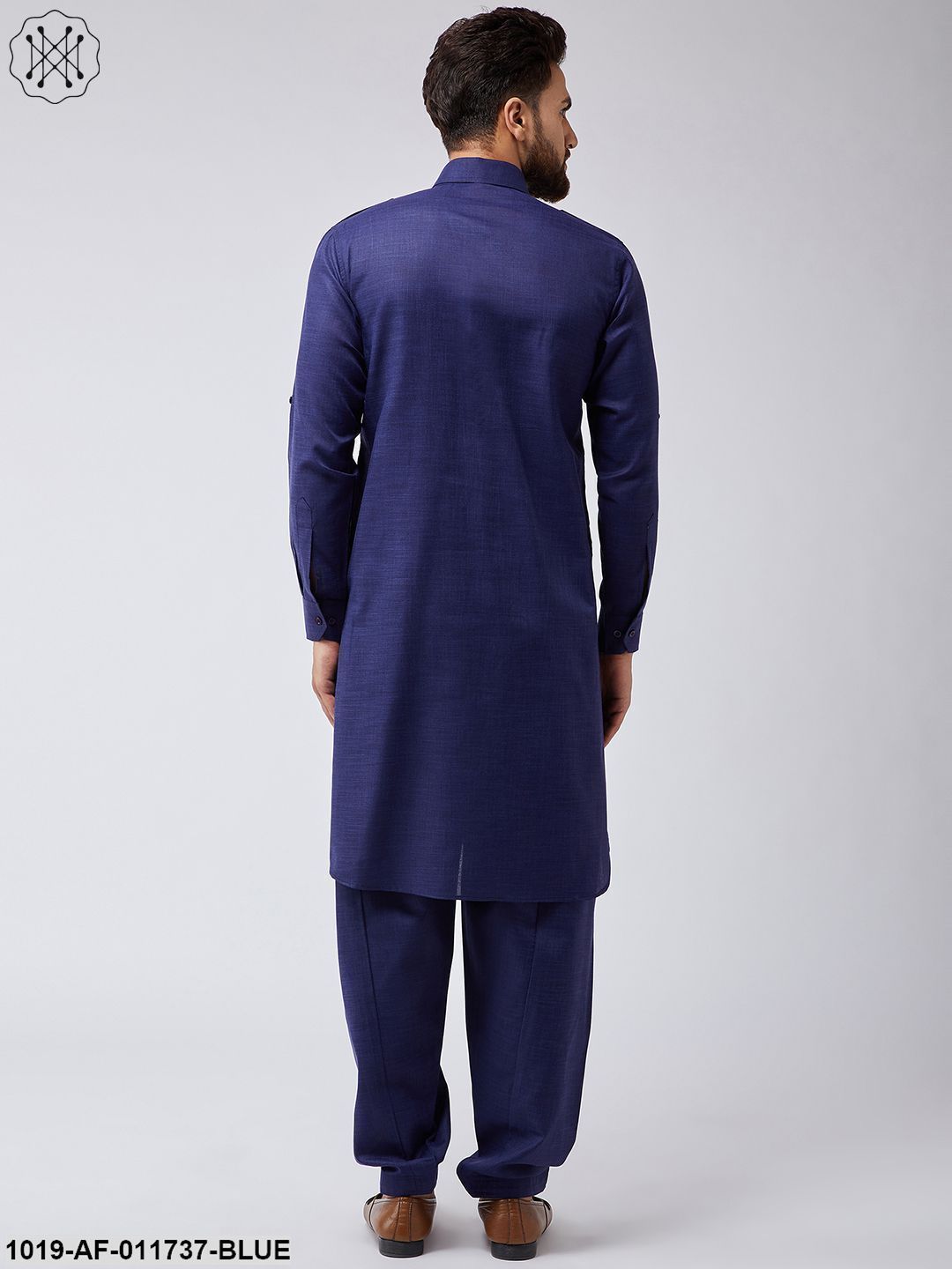 Men's Cotton Navy Blue Pathani Kurta Salwar Set